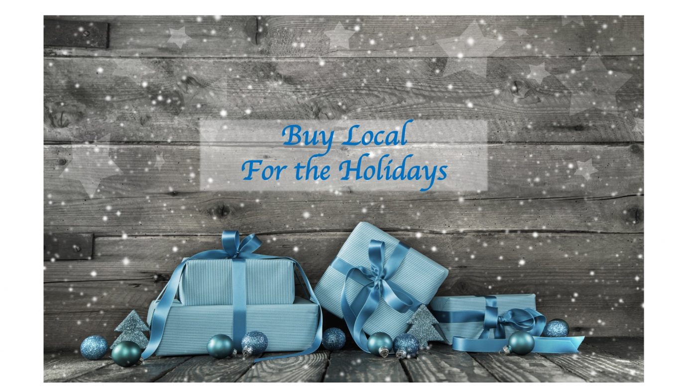 Buy Local for the Holidays over Blue Presents with snow and star filter