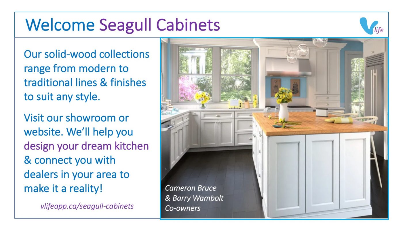 vLife Welcome Seagull Cabinets blue and white kitchen with butcher block island
