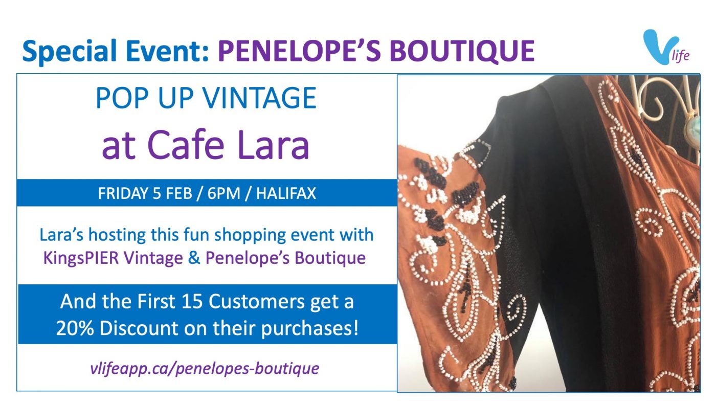 Penelope's Boutique vStore Special Event Pop up Vintage at Cafe Lara's info poster