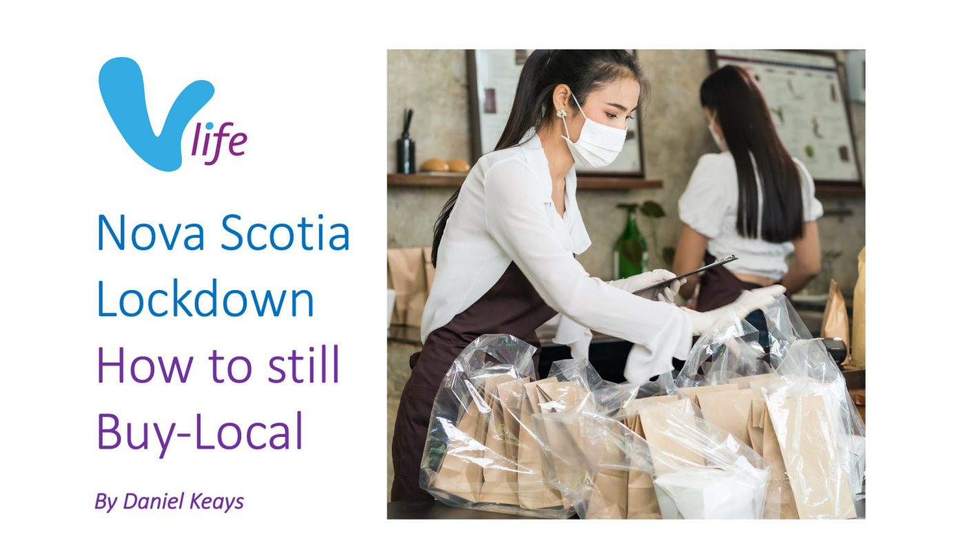 vLife Blog image Nova Scotia Lockdown How to Still Buy Local title with image of woman prepping for curb side food order pickups