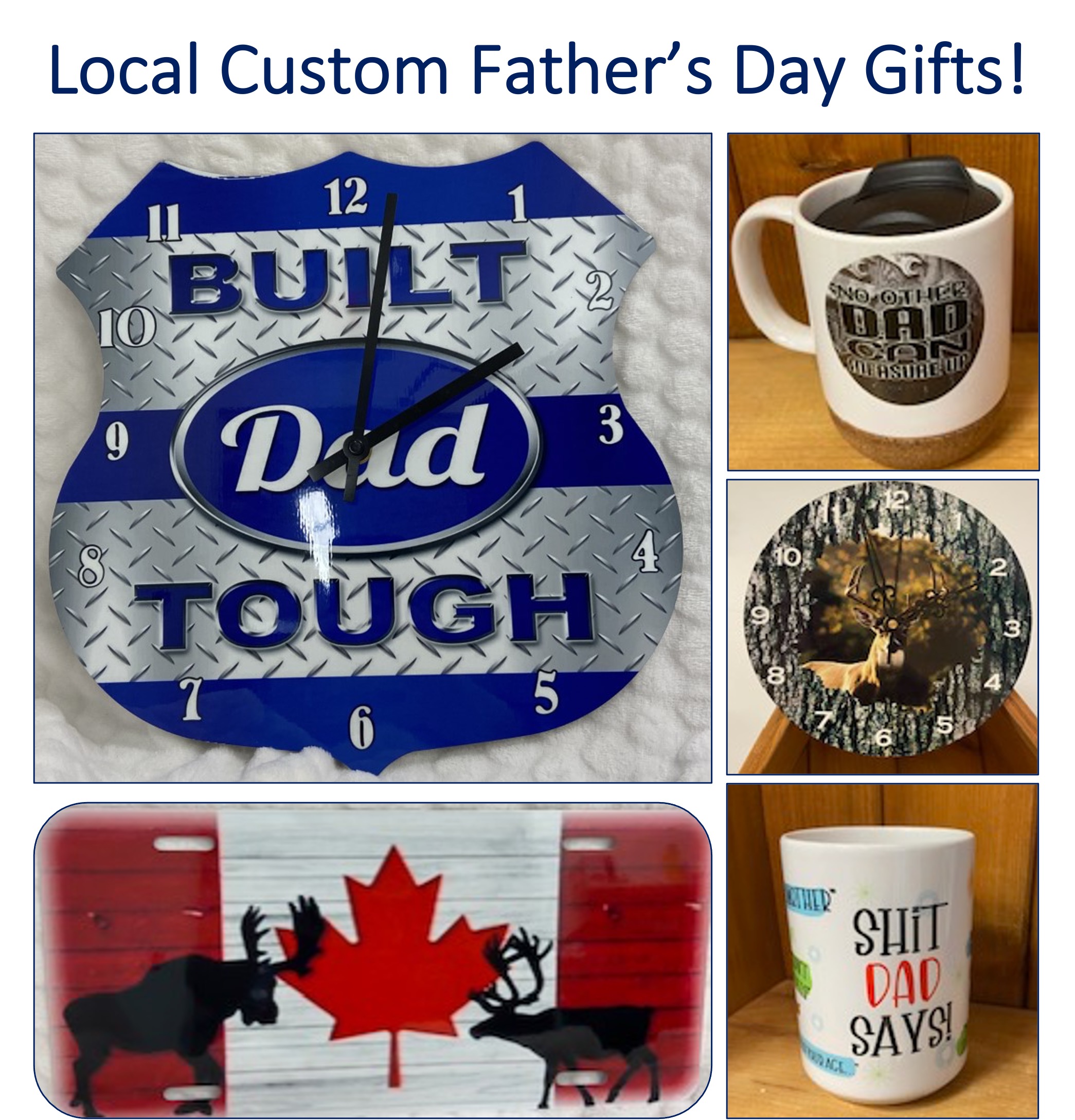 Dad themed gifts clocks, mugs license plate, Down East Custom Gifts