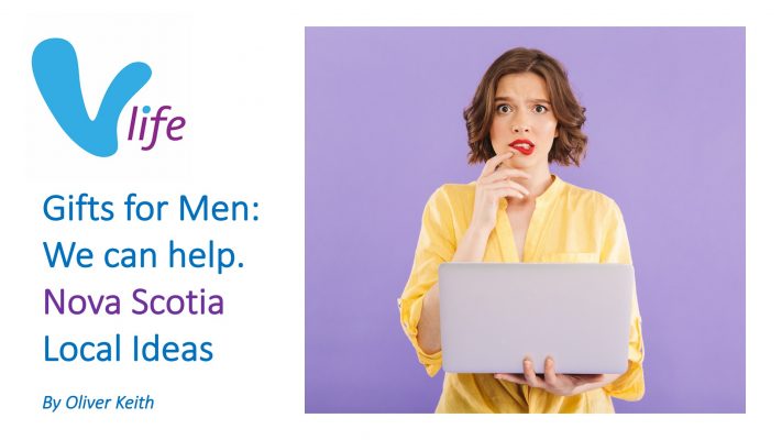 Woman holding laptop looking very confused. vLife blog featured image Gifts For Men Nova Scotia Local ideas Nov 2022