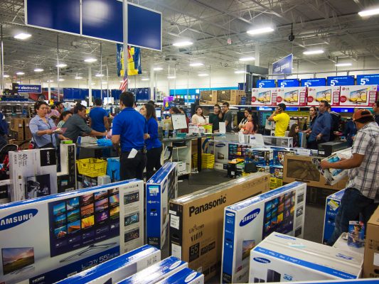 long lines of Black Friday shoppers at a big box store. Canadian Black Friday