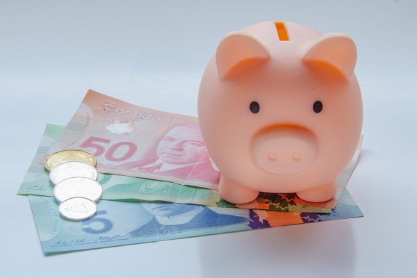 Piggy Bank with Canadian money beside. vLife blog: Projected Recession.