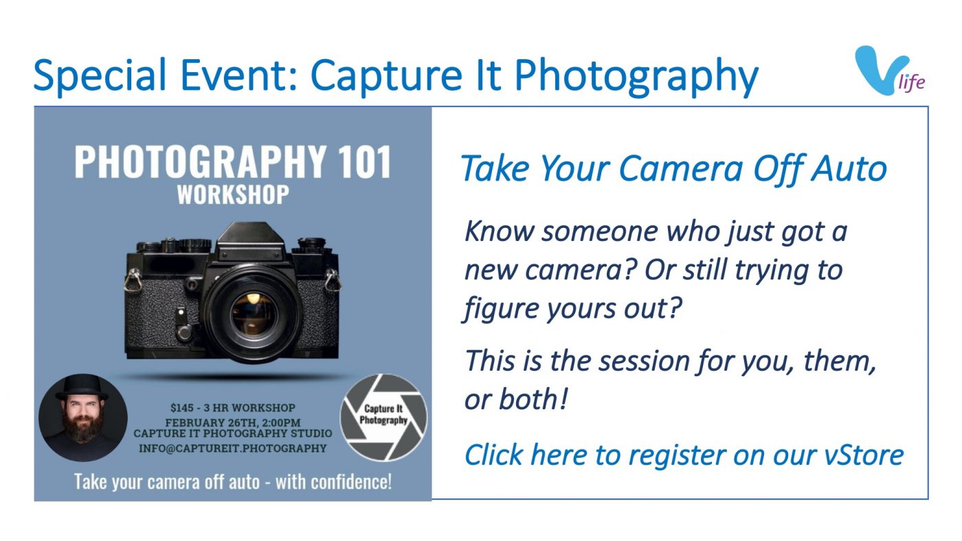 3 Hour Workshop at Capture it Studio in Dartmouth. Feb 26th at 2PM. $145. Email at info@captureit.photography. vStore graphic Capture It Photography 101 Workshop Jan 2023.