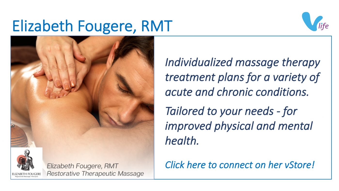 Man getting massage therapy. vStore graphic Elizabeth Fougere RMT Auto Promo Jan 2023