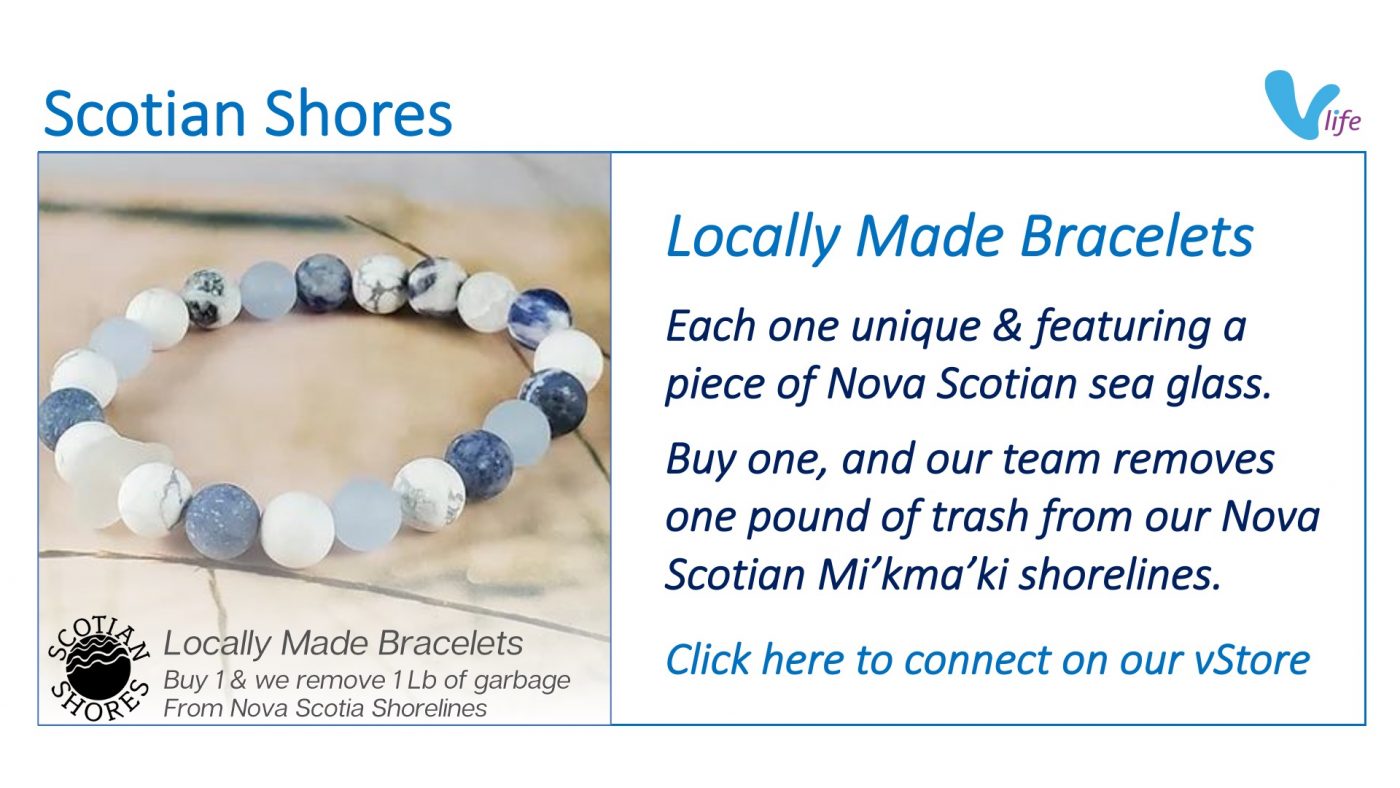 Periwinkle beaded bracelet with sea glass.vStore graphic Scotian Shores Bracelets Auto Promo Jan 2023
