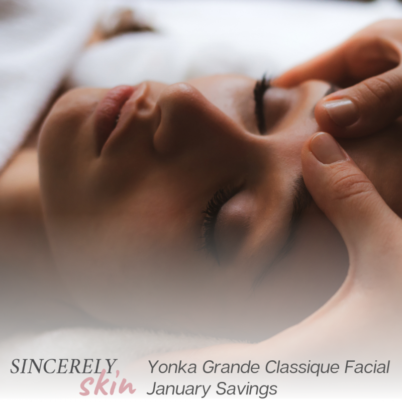 Woman, relaxed with eyes closed getting a facial spa treatment.vStore image Sincerely Skin Special Promo Yonka Grande Classique Facial Jan 2023