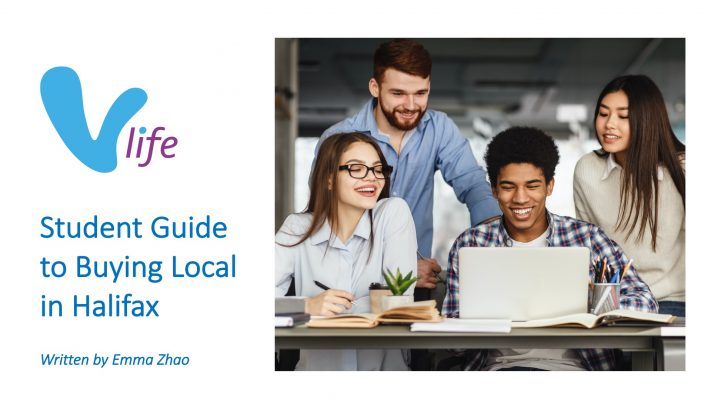 Group of university students researching local businesses online.2023-02-22 vLife Blog Student Guide to Buying Local in Halifax