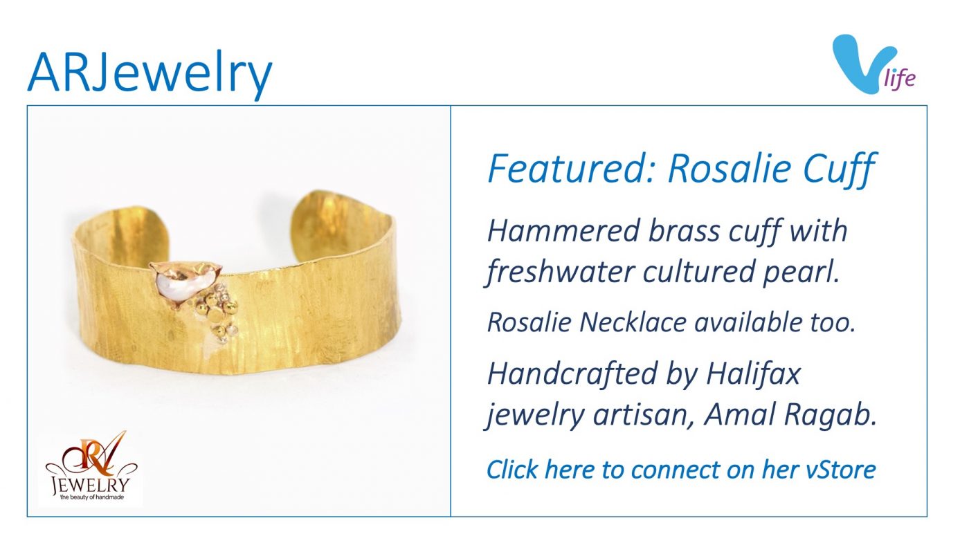 Hammered Brass Cuff with Cultured Pearl by Jewelry Artisan Amal Ragab. Featured Art ARJewelry Rosalie Cuff Feb 2023