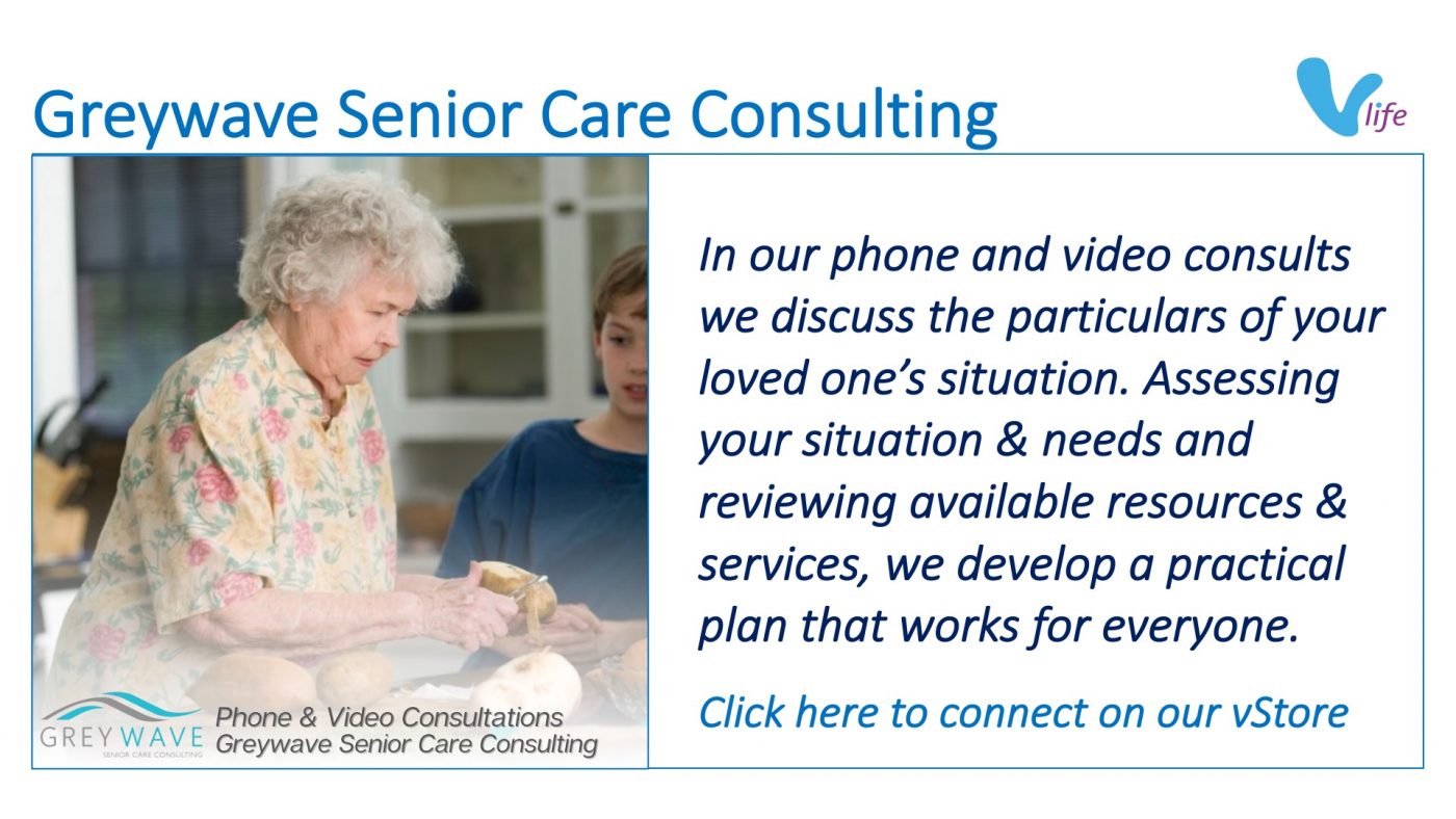 Elderly woman peeling vegetables in the kitchen while her grandson watches. vStore graphic Featured Greywave Senior Care Phone and Video Consultation Service Feb 2023