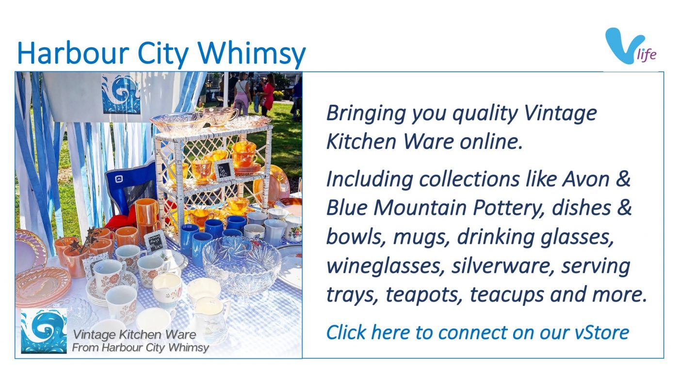 Vintage Home Kitchen Wares outdoor market table. vStore graphic Featured Harbour City Whimsy Vintage Kitchen Feb 2023