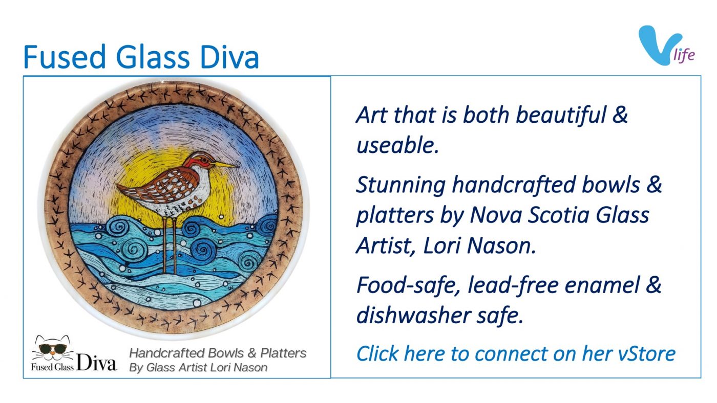 Sandpiper standing in water fused glass art platter by Lori Nason. vStore graphic Fused Glass Diva Featured Bowls and Platters Feb 2023
