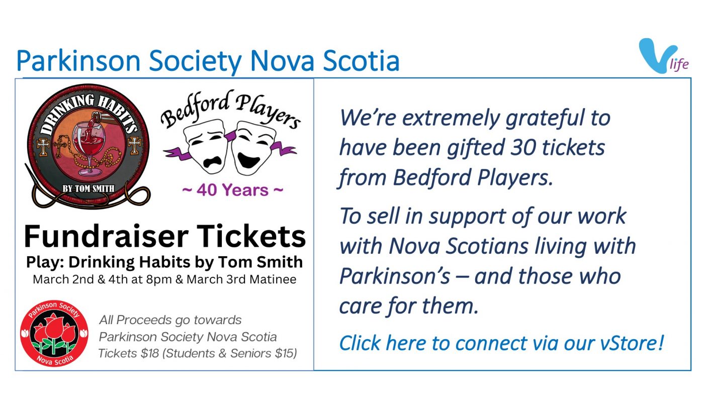 vStore graphic Parkinson Society Nova Scotia Bedford Players Fundraiser Feb 2023