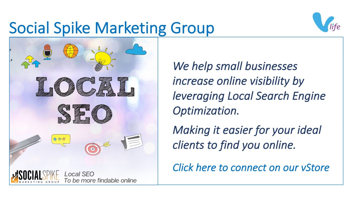 Local SEO. To Be More Findable Online. vStore graphic Social Spike Marketing Featured Local SEO Feb 2023