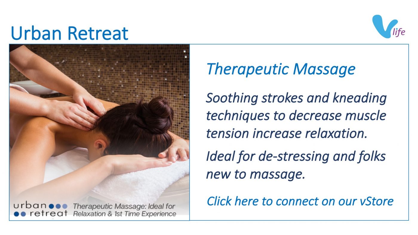 Massage Therapists. Woman getting relaxing neck massage.vStore graphic Urban Retreat Featured Therapeutic Massage Feb 2023