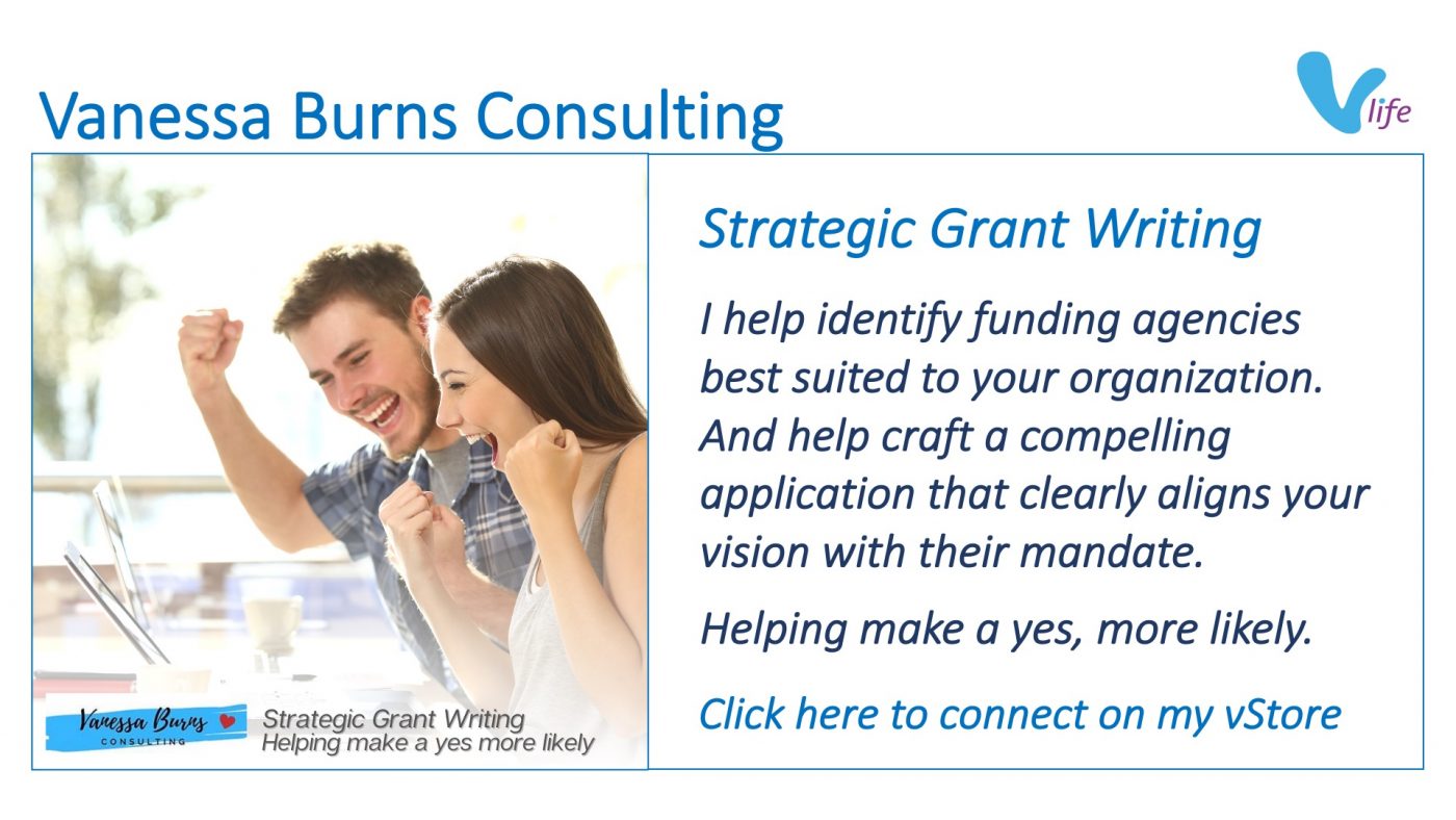 Fundraising Consultant. vStore graphic Vanessa Burns Consulting Featured Grant Writing Feb 2023