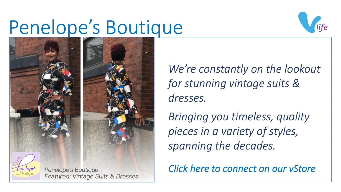 vStore graphic Penelope's Boutique featured vintage suits and dresses Mar 2023