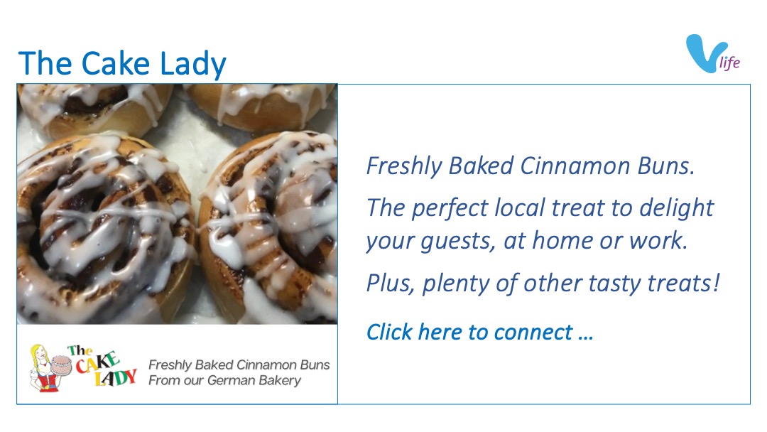vStore graphic The Cake Lady German Bakery Featured Cinnamon Buns Aug 2023