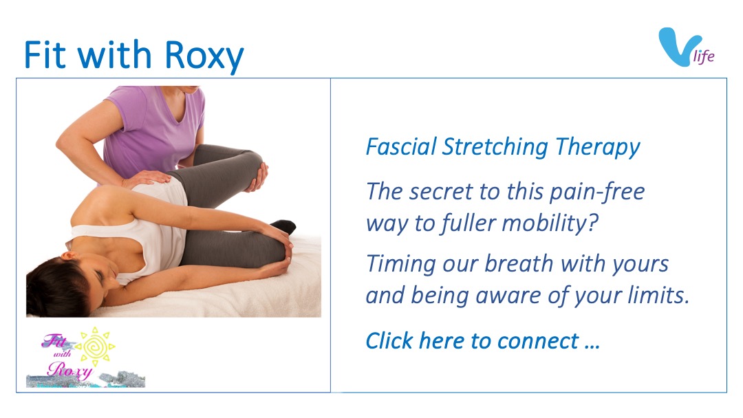 SL graphic Fit with Roxy Fascial Stretching Dec 2023. Fitness
