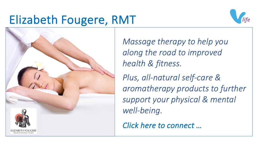 SL graphic Elizabeth Fougere RMT Featured Massage Therapist and aromatherapy self-care products Jan 2024. Massage Therapist