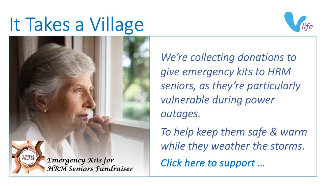 SL graphic It Takes a Village Fundraiser Emergency Kits for Seniors Feb 2024. Community Outreach
